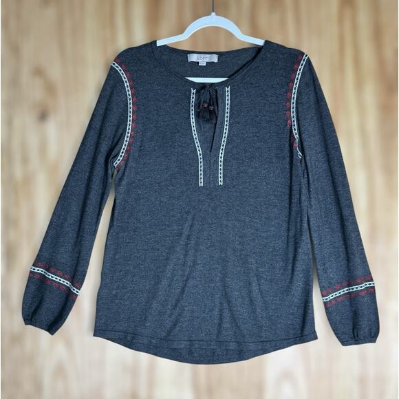 Loft Sz M Gray Embroidered Wool Blend Boho Chic Peasant Top Southwestern Folk - Picture 1 of 7